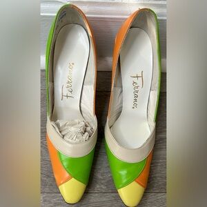 Colorblock Pointed-Toe Leather Heels in Green, Orange & Yellow